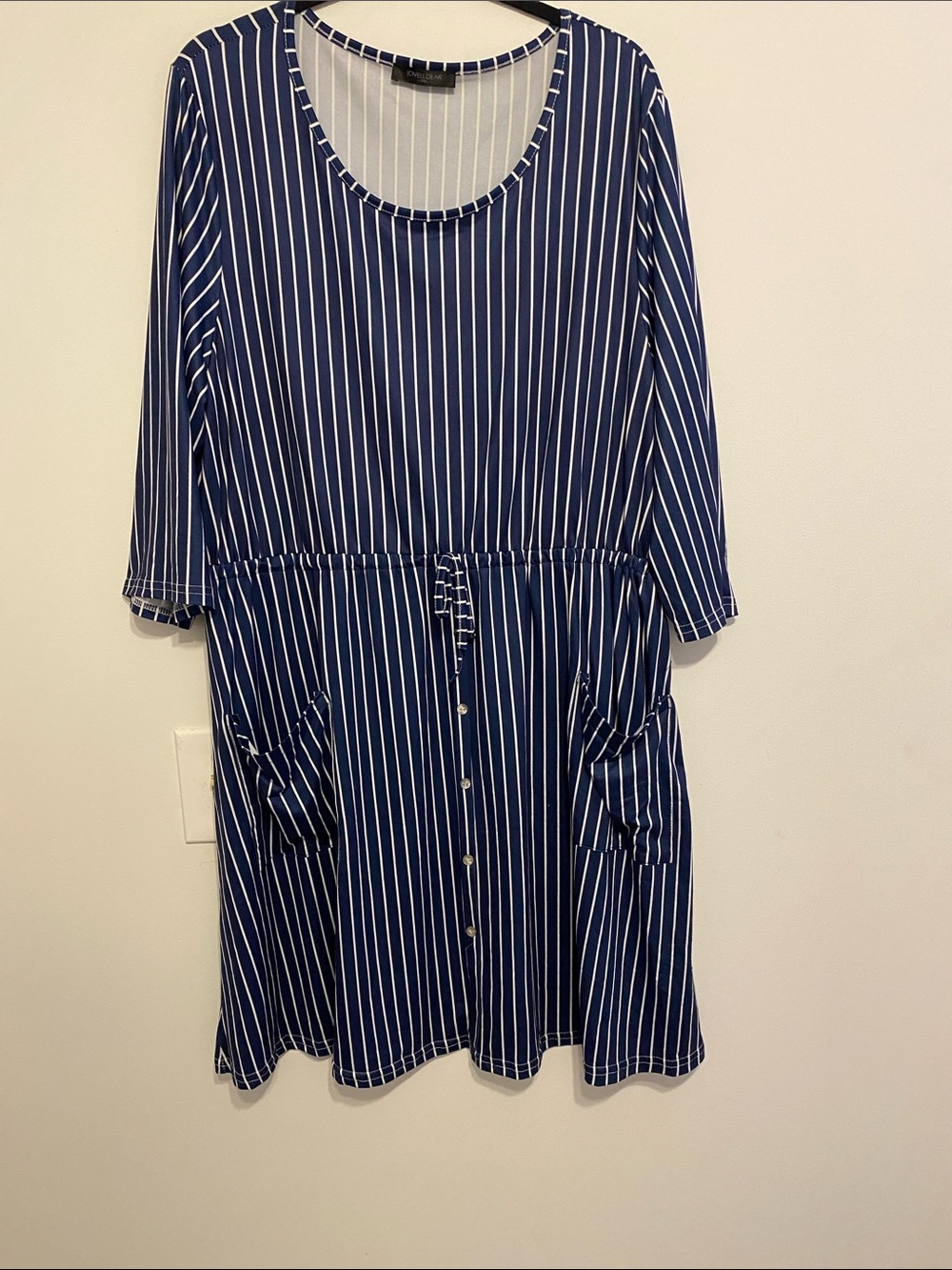 Striped Navy Blue Drawstring Pocket Dress, lightweight.  Buttons for decoration